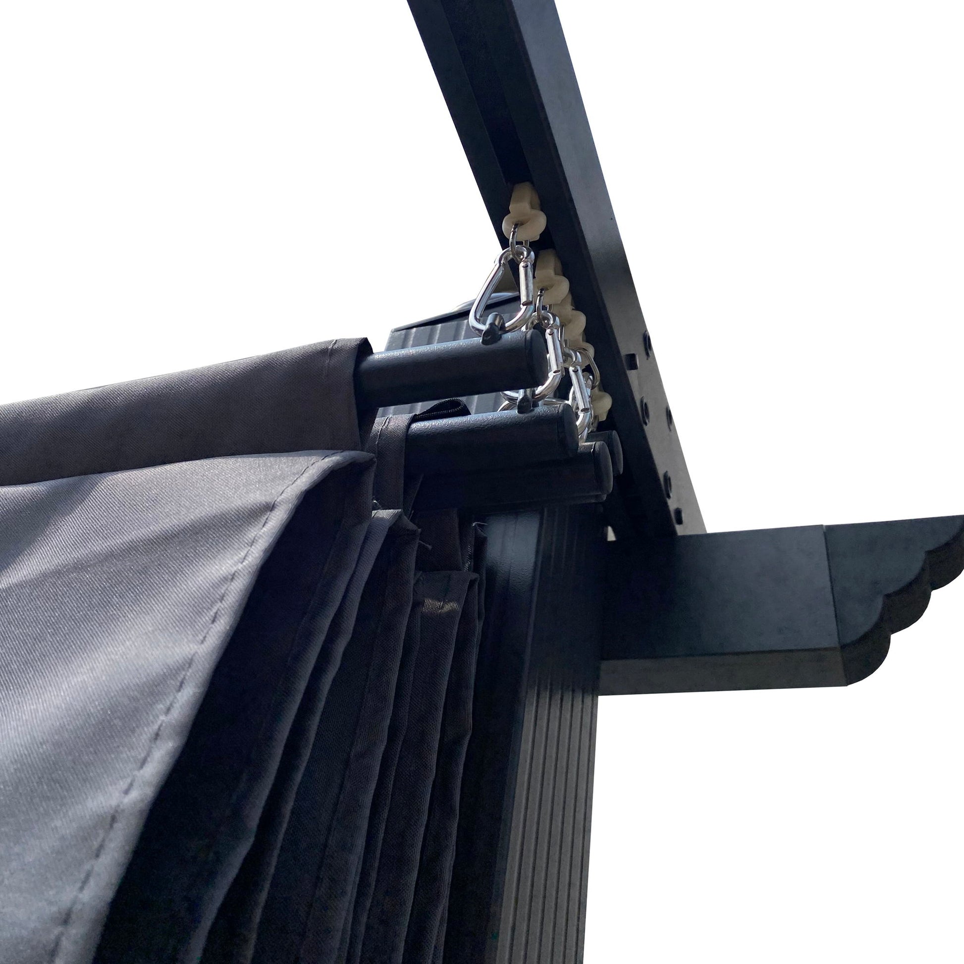 Close-up view of the Replacement Canopy Top Cover Fabric for Outdoor Patio Retractable Pergola Sun-Shelter, shown attached to a black overhead rail and metal hooks, photographed from below against a white background.