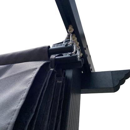 Close-up view of the Replacement Canopy Top Cover Fabric for Outdoor Patio Retractable Pergola Sun-Shelter, shown attached to a black overhead rail and metal hooks, photographed from below against a white background.