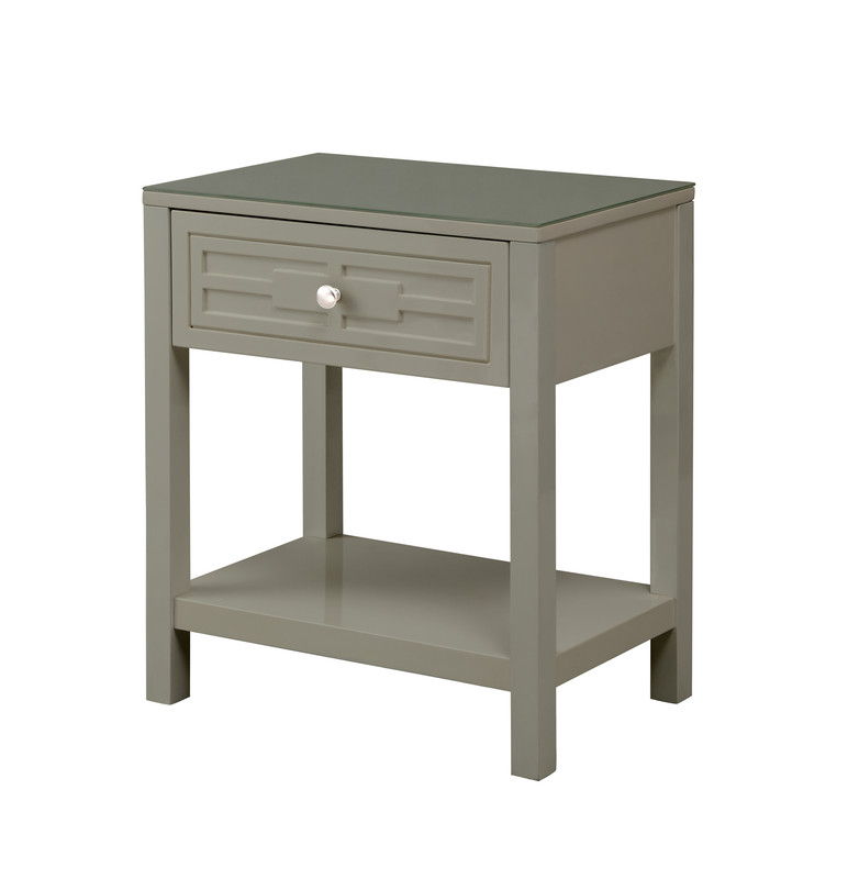 The Dylan Wooden End Side Table Nightstand features a glass top, a single drawer with a round white knob, and an open lower shelf, all in gray wood, shown against a plain white background.