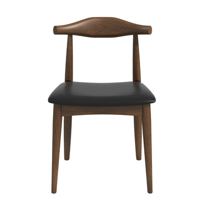 The Destiny - Modern Dining Chairs (Set of 2) feature a wooden frame with a curved backrest, angled legs, and a black cushioned seat, shown from the front against a white background.