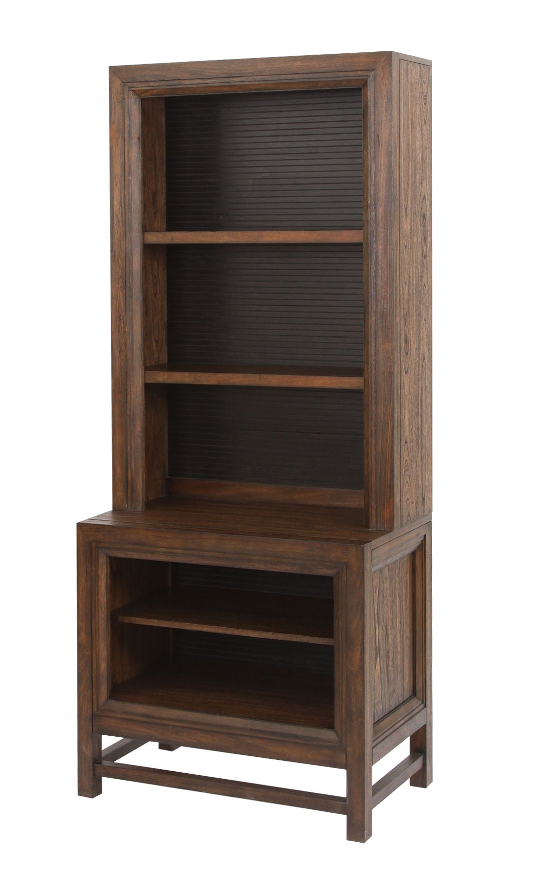 The Couch.com Branson Bookcase Pier features wood construction in a two-tone dark brown finish, with a hutch design, two upper shelves, two lower shelves, cabinet storage at the base, and a simple modern style.