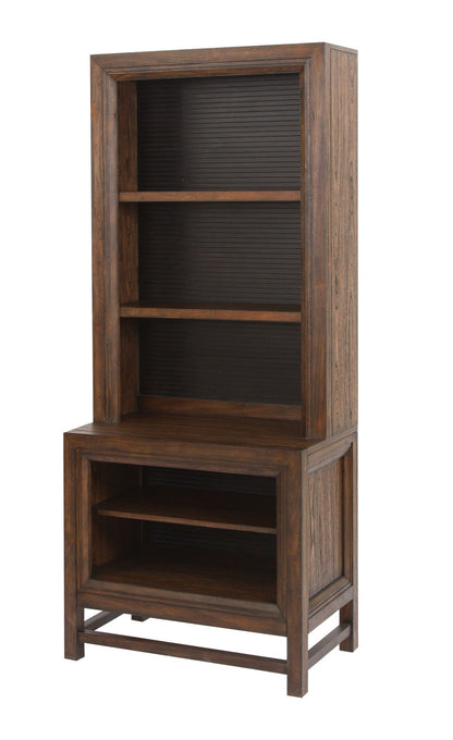 The Couch.com Branson Bookcase Pier features wood construction in a two-tone dark brown finish, with a hutch design, two upper shelves, two lower shelves, cabinet storage at the base, and a simple modern style.