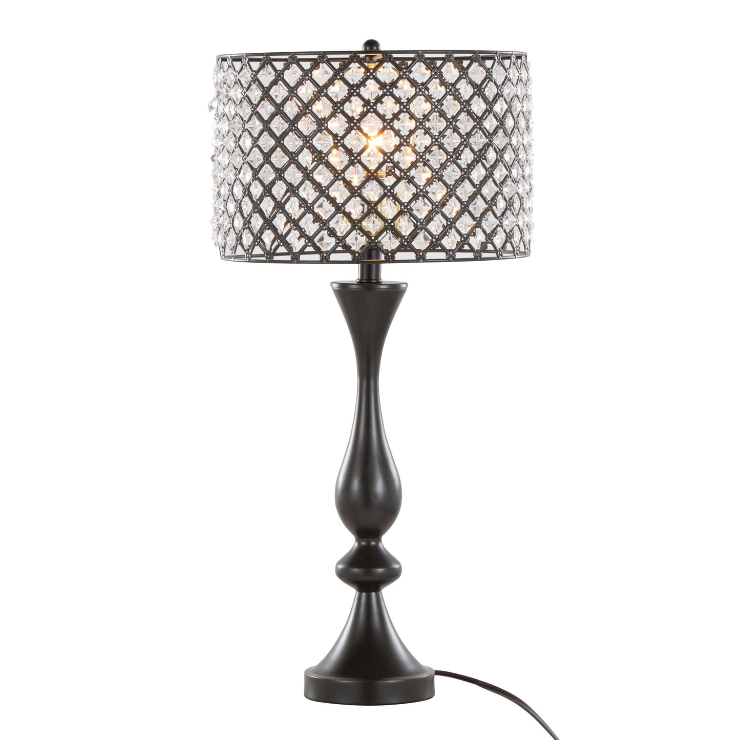 The Topaz - Contemporary Table Lamp features a black base and a decorative lattice-patterned metal and crystal lampshade, illuminated and displayed against a plain white background.
