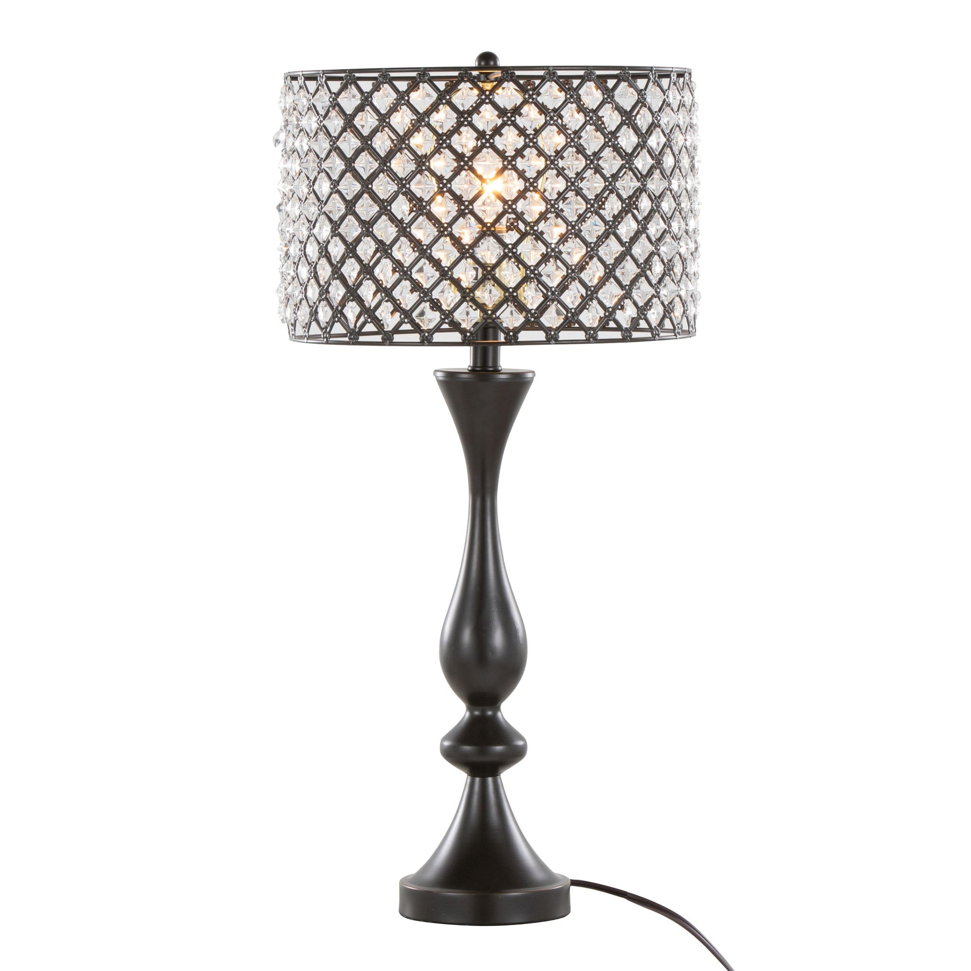 The Topaz - Contemporary Table Lamp features a black base and a decorative lattice-patterned metal and crystal lampshade, illuminated and displayed against a plain white background.
