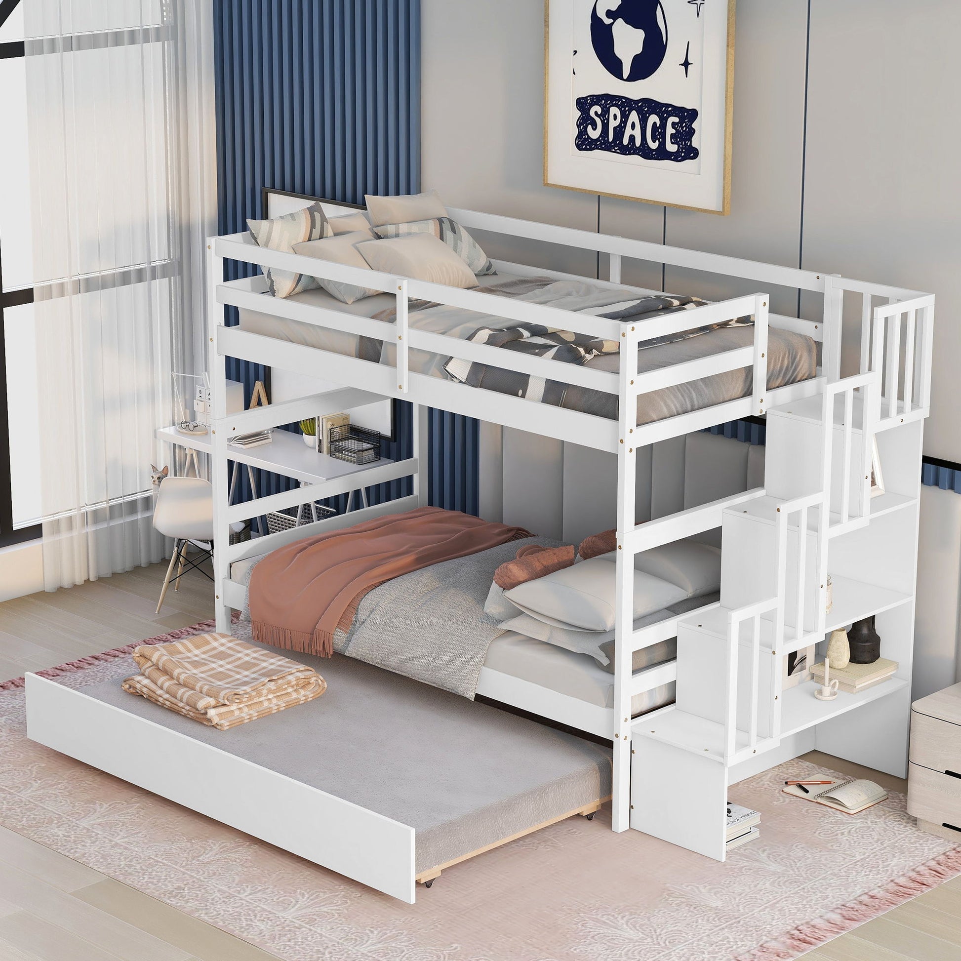 A modern bedroom featuring the Twin Over Twin Bunk Beds with Trundle and Stairway Storage, a rug, "Space" poster, and minimalist decor. The bed includes twin over twin bunks, a pull-out trundle, and stairs with built-in storage.