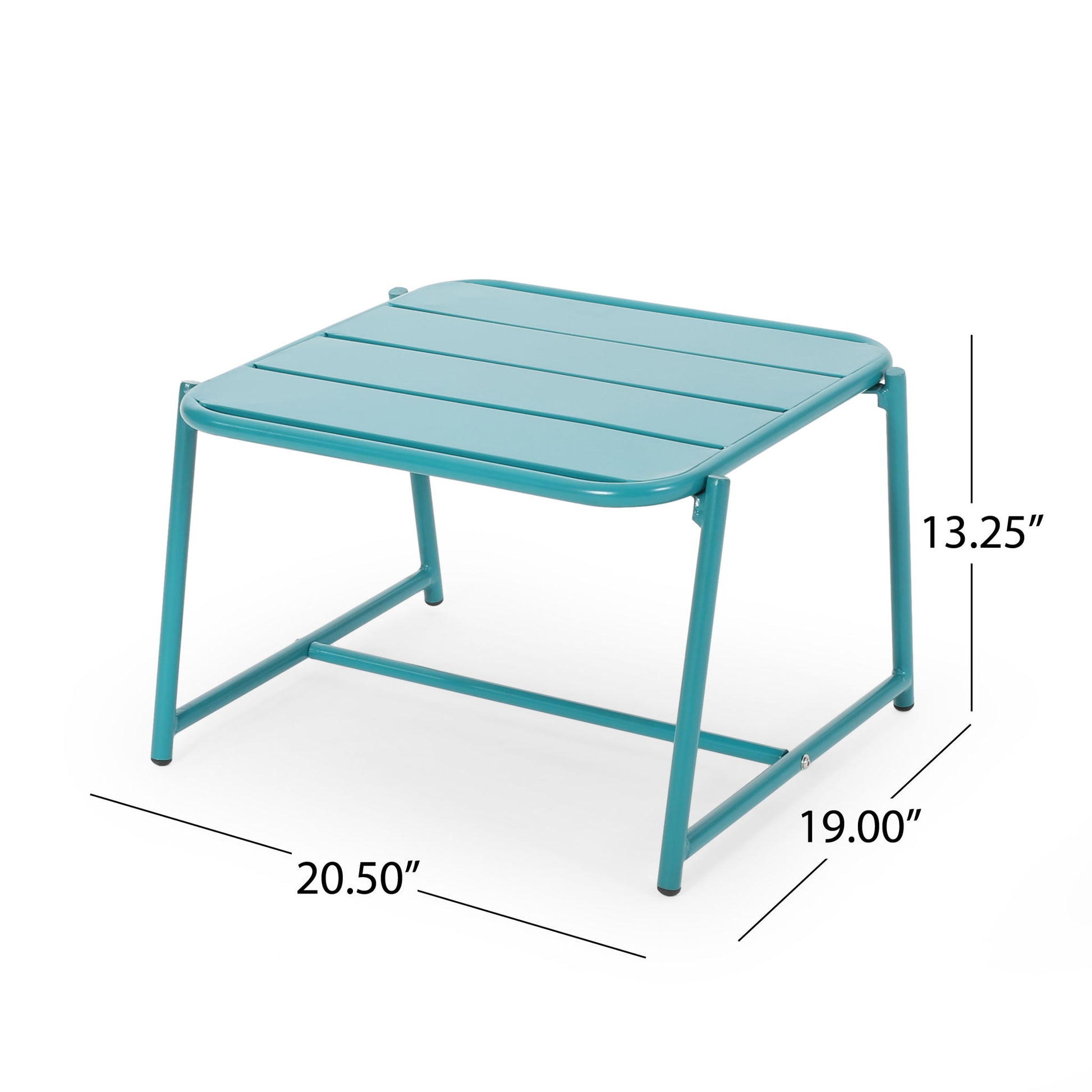 The Conrad - Side Table Outdoor features a turquoise metal design with a slatted top and rounded edges, measuring 20.50" wide, 19" deep, and 13.25" high.