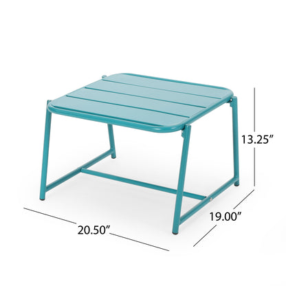 The Conrad - Side Table Outdoor features a turquoise metal design with a slatted top and rounded edges, measuring 20.50" wide, 19" deep, and 13.25" high.