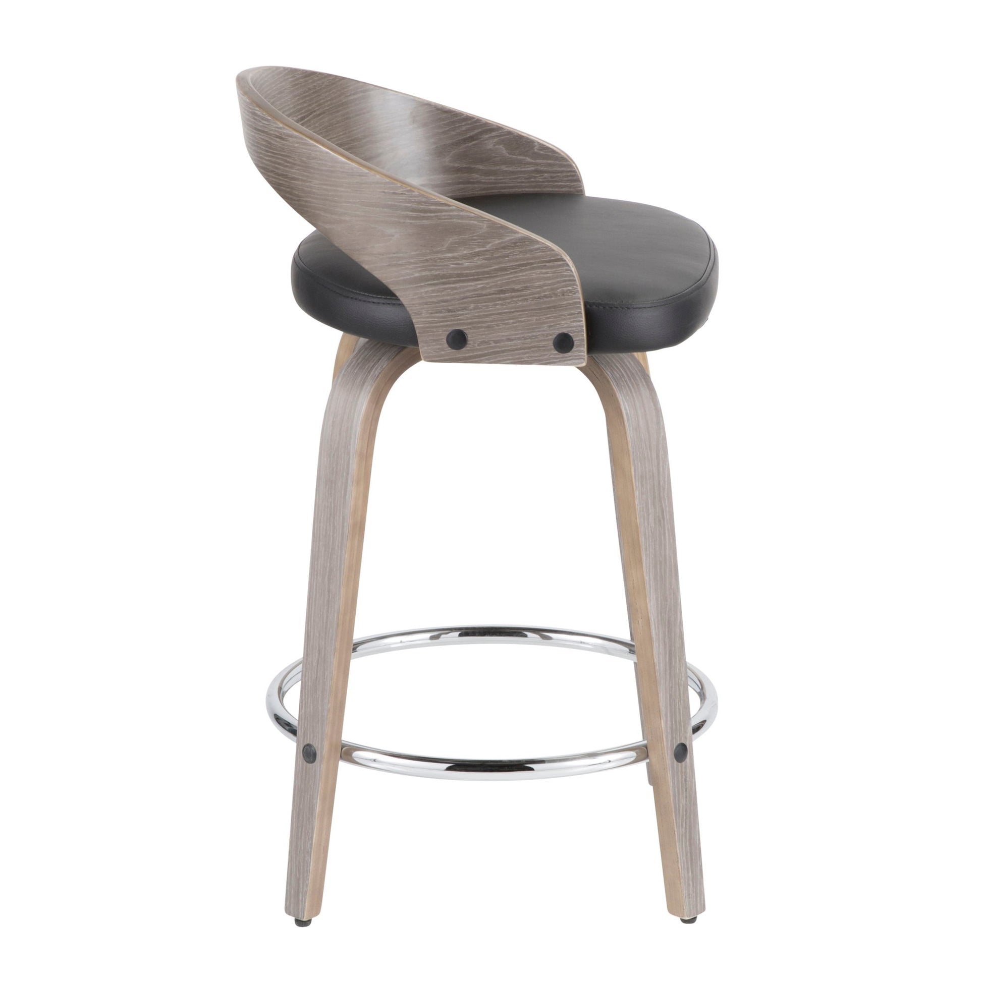 The Grotto Contemporary Fixed Height Counter Stool features light wood legs and backrest, a black cushioned seat, and a round chrome footrest. The curved backrest wraps the seat and is secured with visible metal hardware. Set of 2; swivel function included.