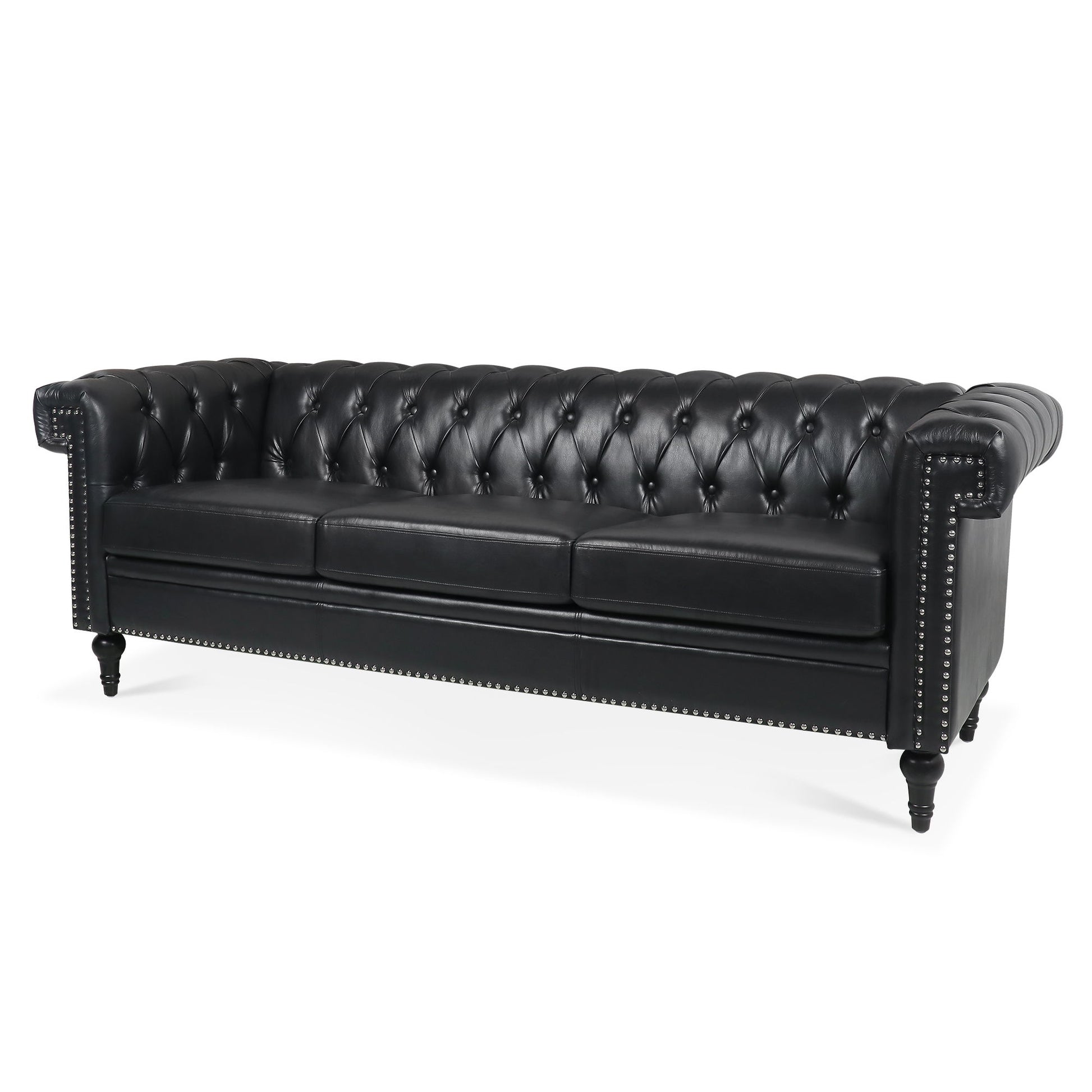 The Traditional Square Arm Removable Cushion 3 Seater Sofa features black leather upholstery, deep button tufting on the backrest and arms, three seat cushions, nailhead trim, and turned wooden legs.