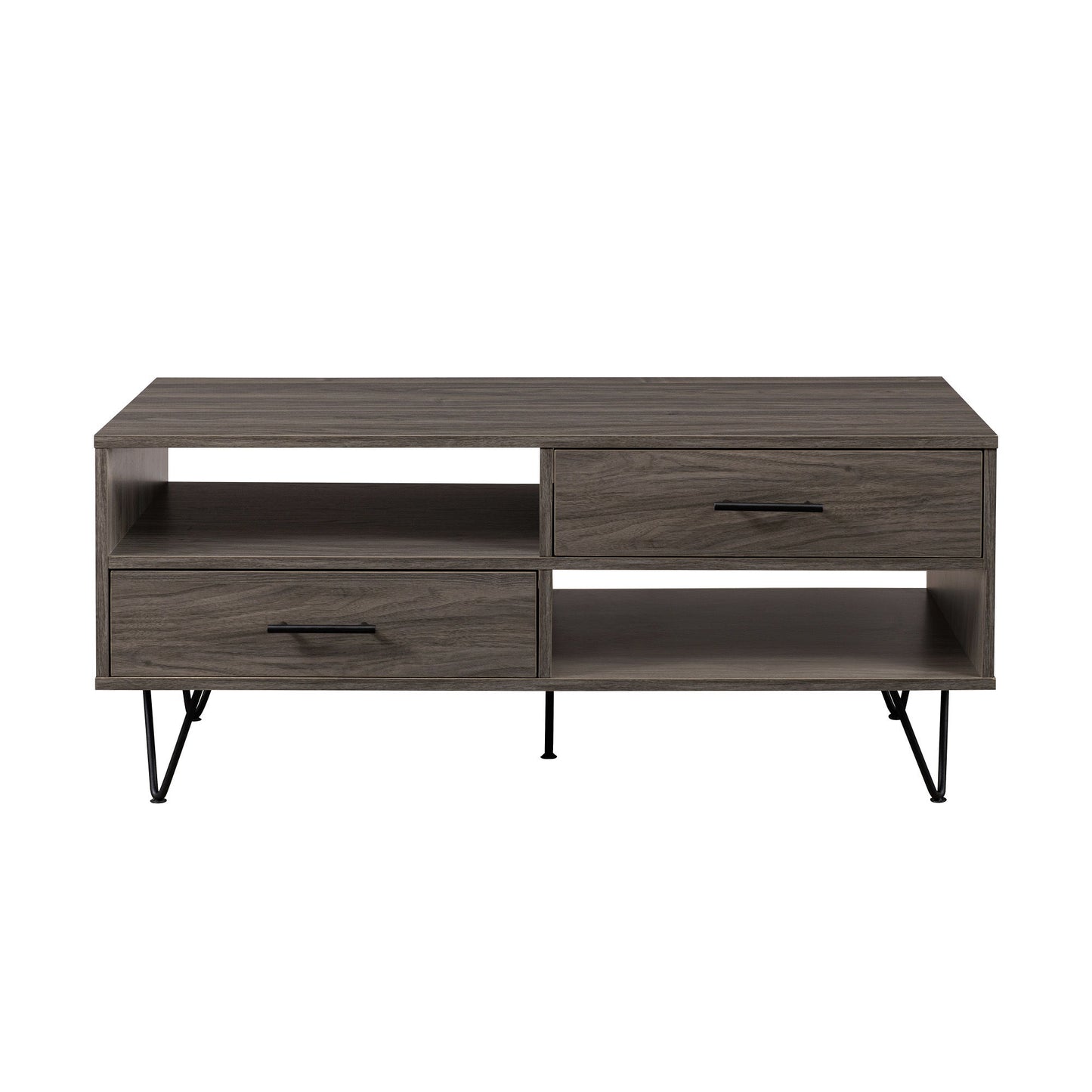 The Modern Hairpin Leg Coffee Table has a gray wooden finish, two open shelves, and two drawers with black metal handles. It stands on four angled black metal hairpin legs.