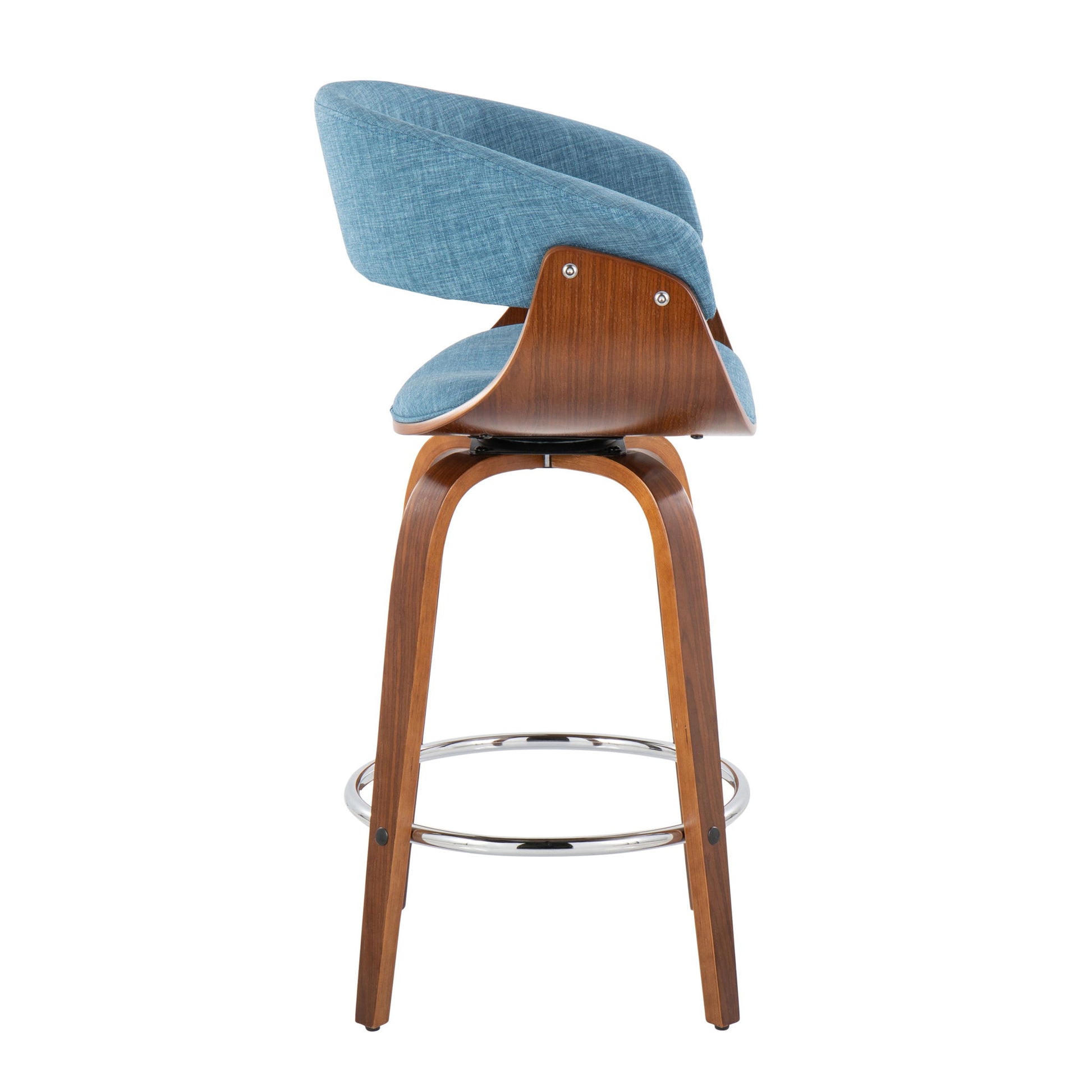 The Vintage Mod Mid Century Modern Fixed Height Counter Stool with Swivel features a blue upholstered seat, curved wooden backrest, wooden legs, and a round chrome footrest. Shown from a rear side angle against a white background. Set of 2.