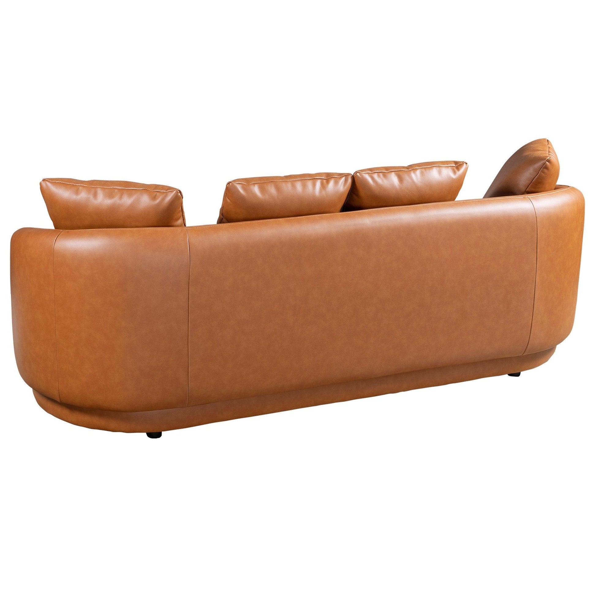 The Dylan - Modern French Boucle Sofa features a curved silhouette, smooth seamless design with rounded edges, and three matching back cushions. Upholstered in soft boucle, it's shown from the back in an elegant light brown tone.