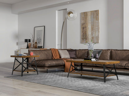 A modern living room with a brown leather sectional sofa, wooden coffee table, the Douglas End Table, a gray patterned rug, minimalist wall art, a floor lamp, and decorative accessories on the tables.