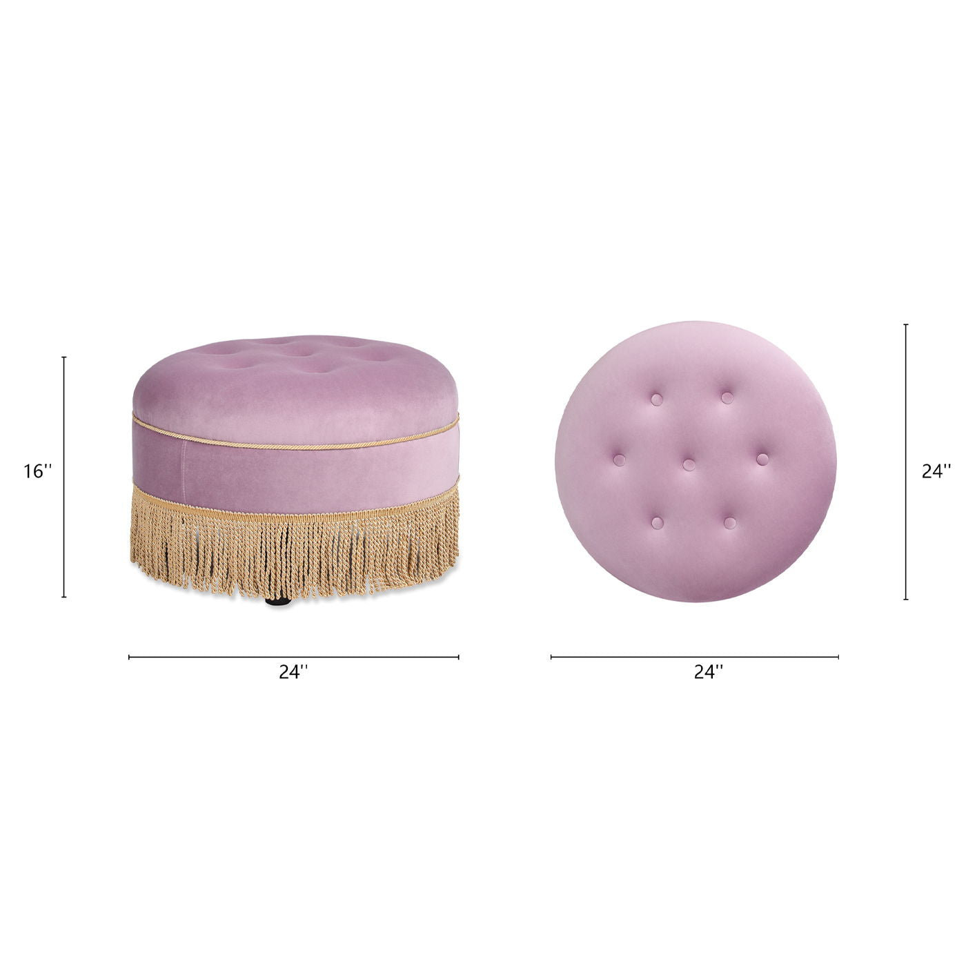 The Yolanda Round Upholstered Accent Ottoman in pink features tufted buttons on top, gold fringe at the base, and measures 16" tall by 24" wide. Shown from the side and top.