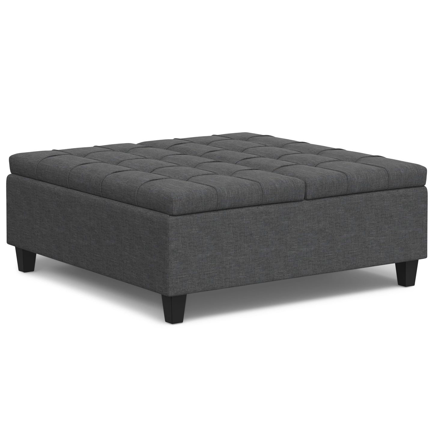 The Harrison Upholstered Coffee Table Storage Ottoman features a square, dark gray design with a tufted top and short black legs, shown against a white background.
