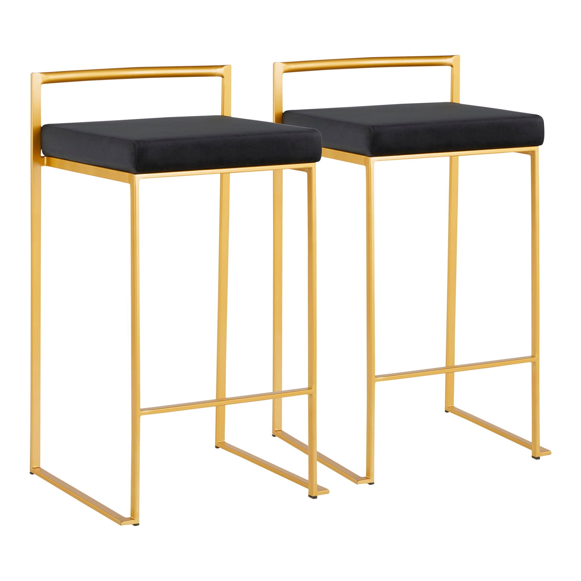 The Fuji Counter Stool set includes two contemporary stools with gold metal frames, black cushioned seats, and low rectangular backrests, displayed side by side on a white background.