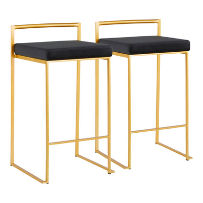 The Fuji Counter Stool set includes two contemporary stools with gold metal frames, black cushioned seats, and low rectangular backrests, displayed side by side on a white background.