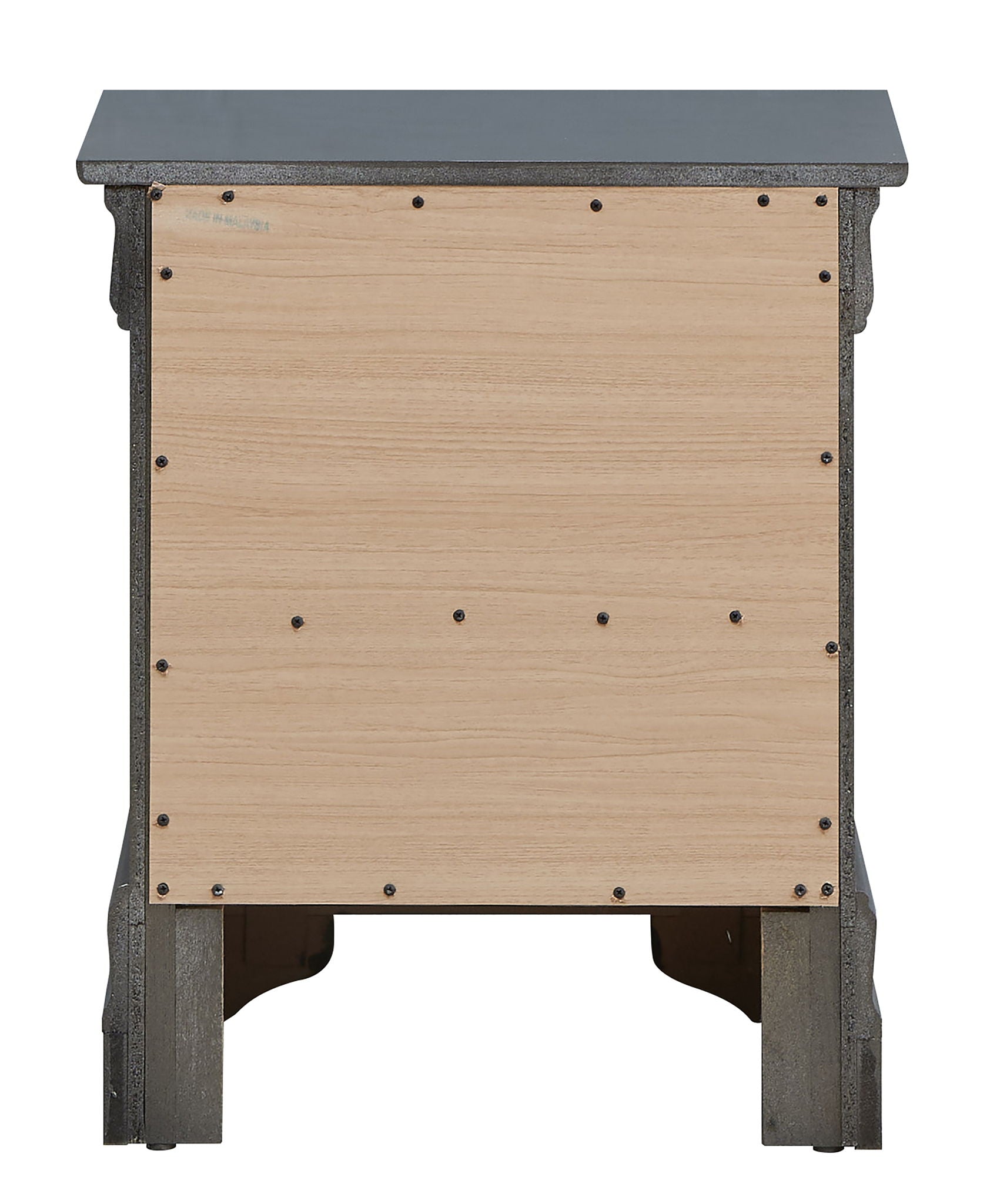The Lorana Nightstand is shown from the back, featuring a light wood panel fastened with multiple screws, all framed and supported by dark-colored legs and edges.