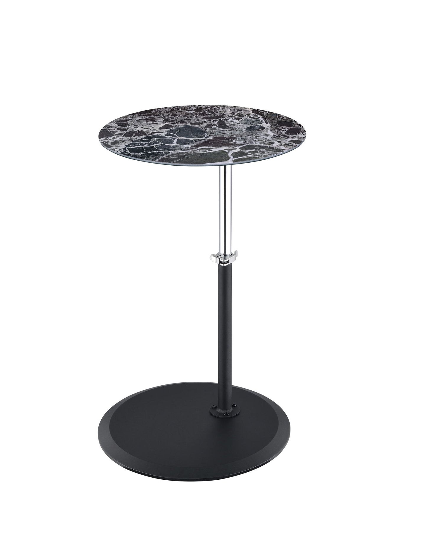 The Orbit 15.5" End Table features a height-adjustable, marble-textured top, a slim metal pole, and a solid black circular base, shown against a plain white background.