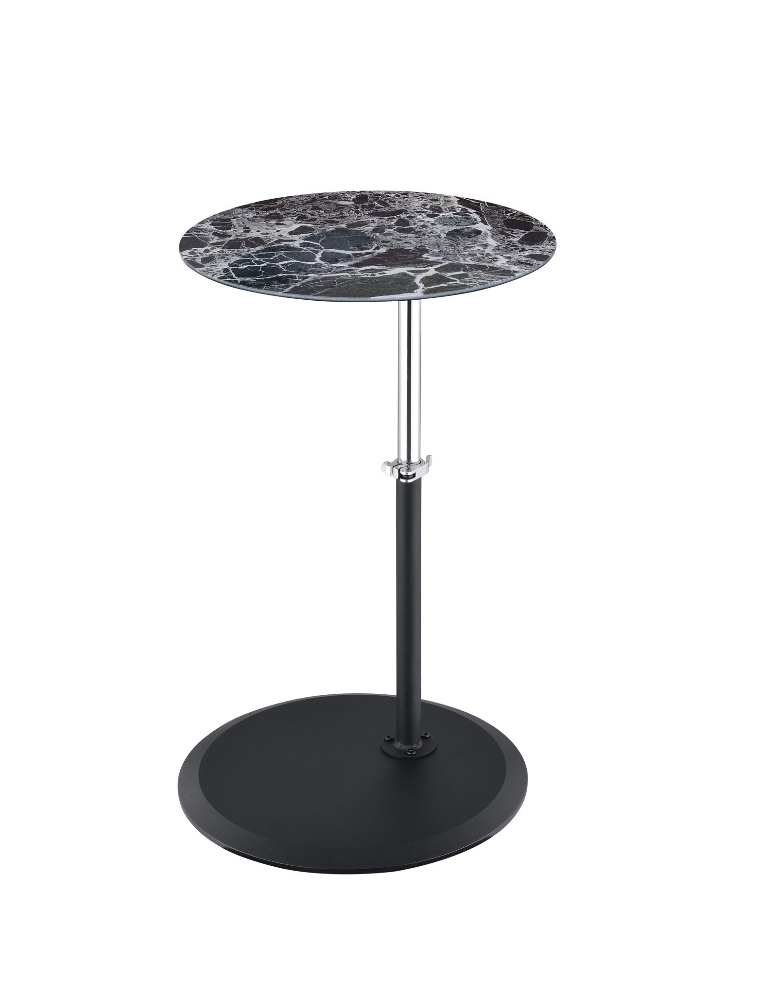 The Orbit 15.5" End Table features a height-adjustable, marble-textured top, a slim metal pole, and a solid black circular base, shown against a plain white background.