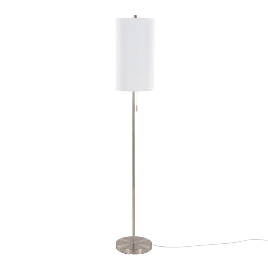 The Bounty floor lamp features a slim metal stand, round base, tall white cylindrical shade, and power cord. With its contemporary stylish design, it adds a simple yet minimalist touch to any modern space.