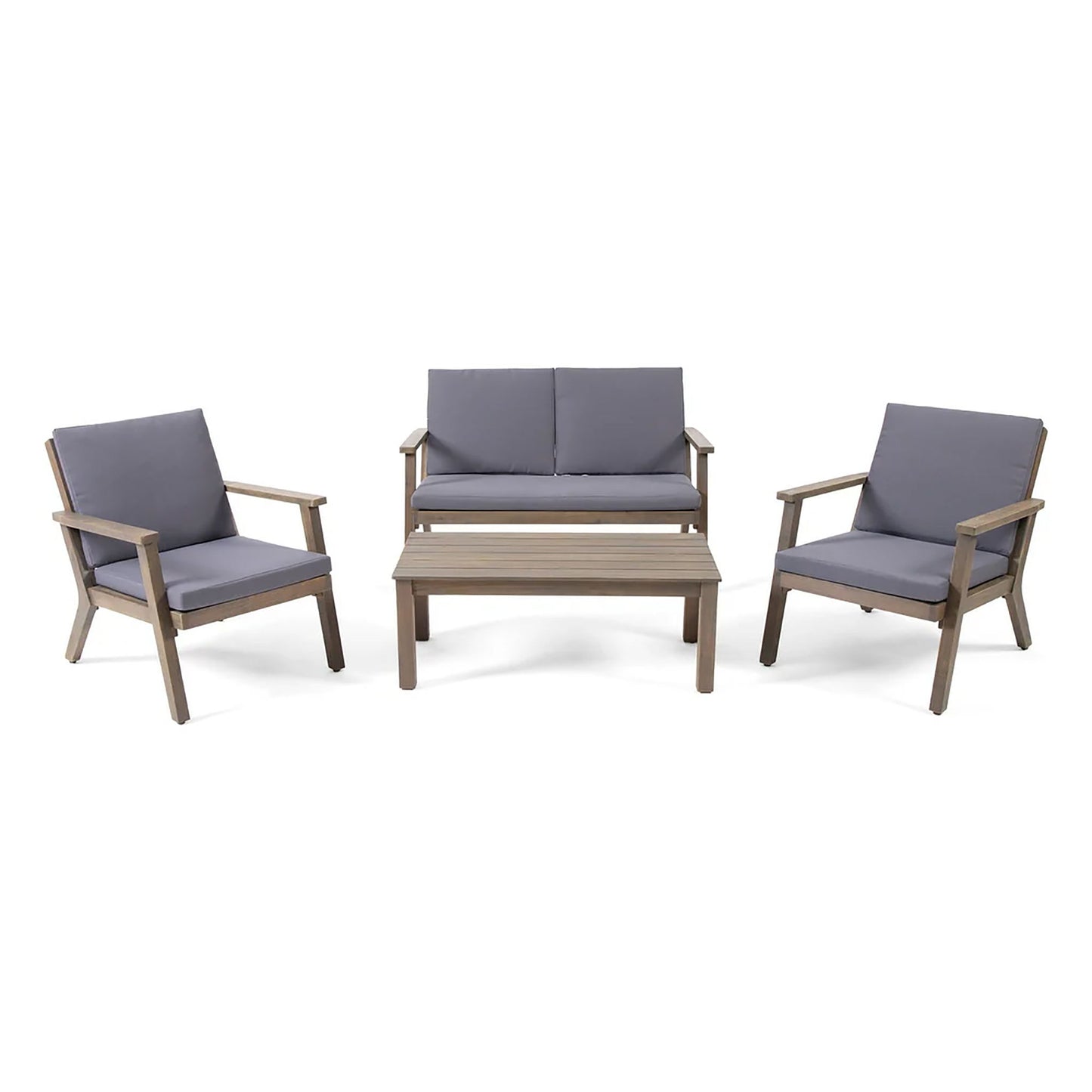 The Avacyn Outdoor Acacia Wood 4 Seater Chat Set features two gray cushioned armchairs, a matching two-seat sofa, and a rectangular wooden coffee table—all with light wood frames.