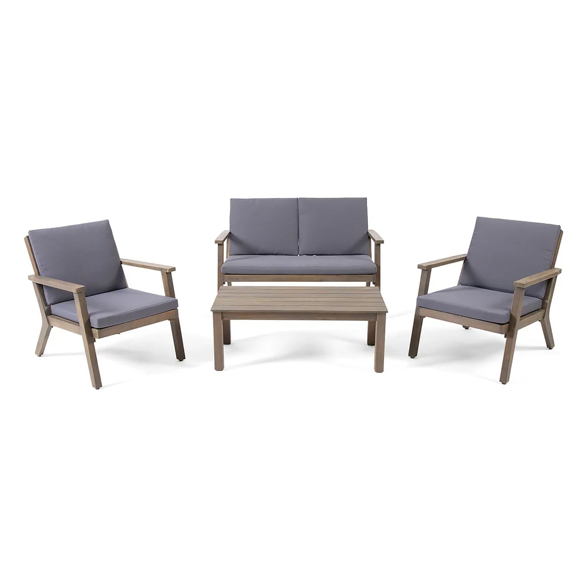 The Avacyn Outdoor Acacia Wood 4 Seater Chat Set features two gray cushioned armchairs, a matching two-seat sofa, and a rectangular wooden coffee table—all with light wood frames.