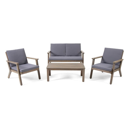 The Avacyn Outdoor Acacia Wood 4 Seater Chat Set features two gray cushioned armchairs, a matching two-seat sofa, and a rectangular wooden coffee table—all with light wood frames.