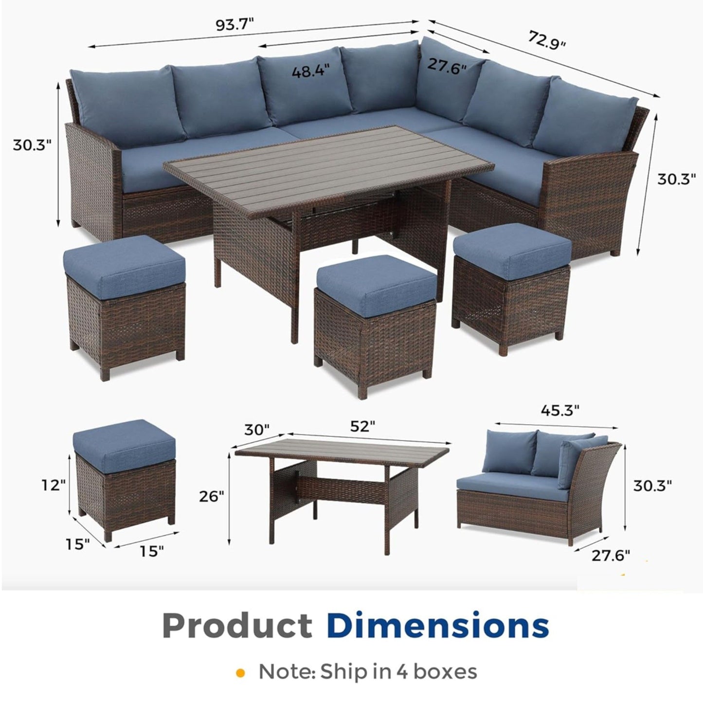 7 Piece Patio Dining Set With Cushions, Modular Sectional Sofa & Storage Table