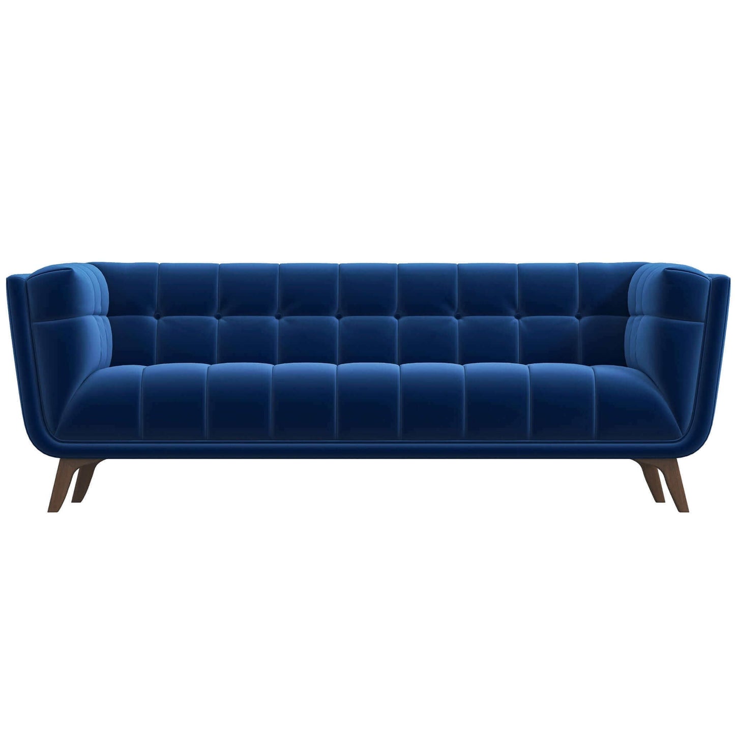The Addison Mid-Century Modern Tufted Sofa features deep blue velvet, a tufted seat and back, angled armrests, and dark wooden legs, shown against a white background.