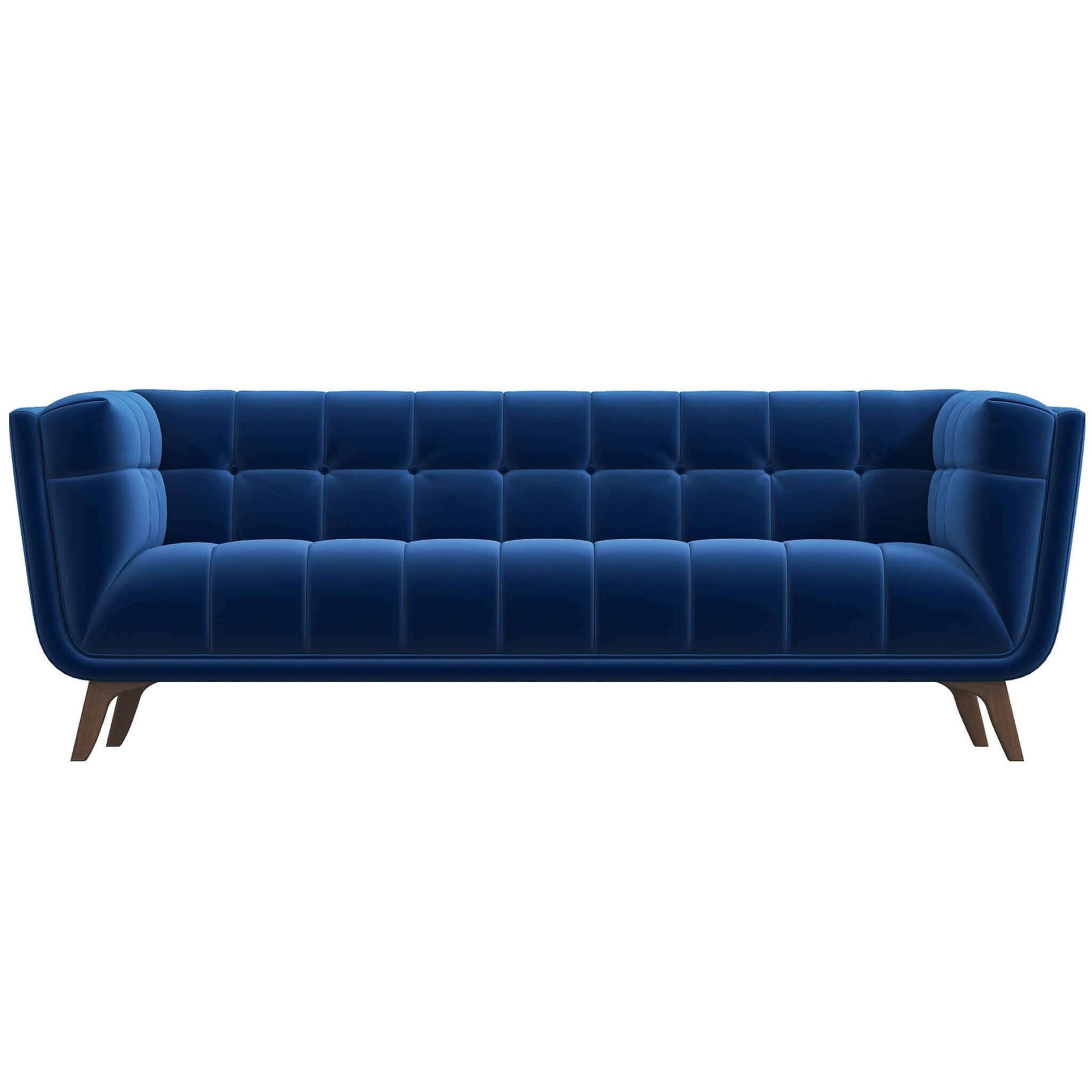 The Addison Mid-Century Modern Tufted Sofa features deep blue velvet, a tufted seat and back, angled armrests, and dark wooden legs, shown against a white background.