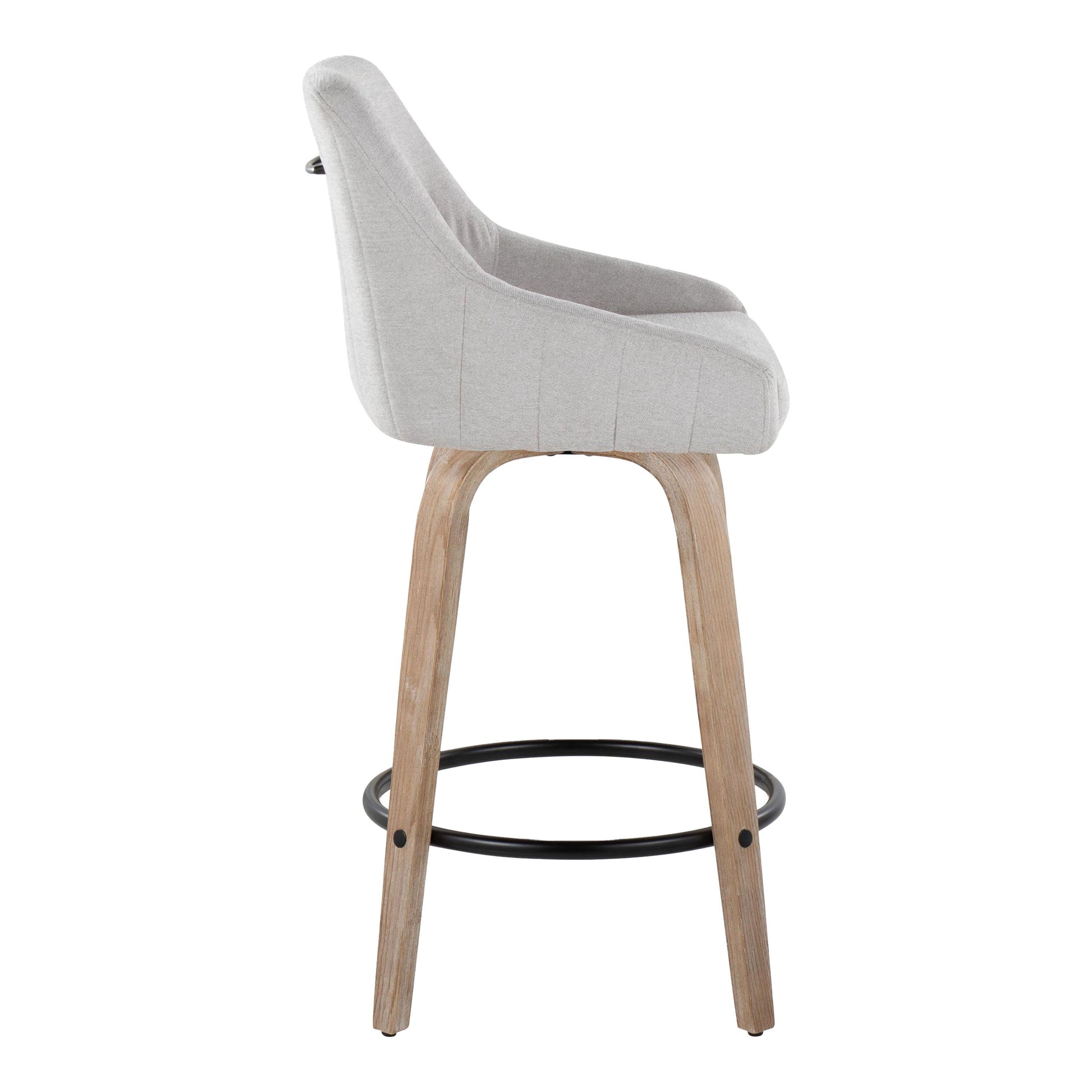 Side view of the Hannah Transitional Fixed Height Counter Stool, featuring a light gray upholstered seat, wooden legs, and a black round footrest. Set of 2 with swivel functionality.
