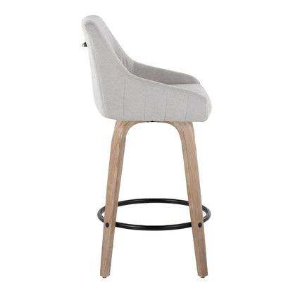 Side view of the Hannah Transitional Fixed Height Counter Stool, featuring a light gray upholstered seat, wooden legs, and a black round footrest. Set of 2 with swivel functionality.