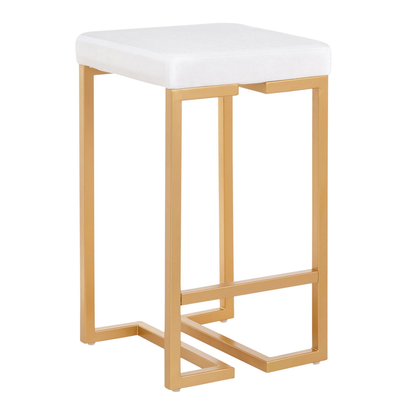 The Midas Contemporary/Glam Counter Stool (Set of 2) features a white cushioned square seat and a gold metal frame with geometric angular legs and a footrest.