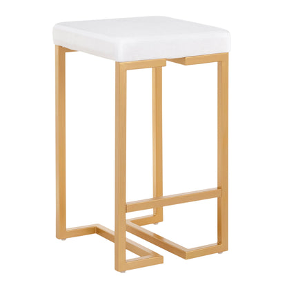 The Midas Contemporary/Glam Counter Stool (Set of 2) features a white cushioned square seat and a gold metal frame with geometric angular legs and a footrest.