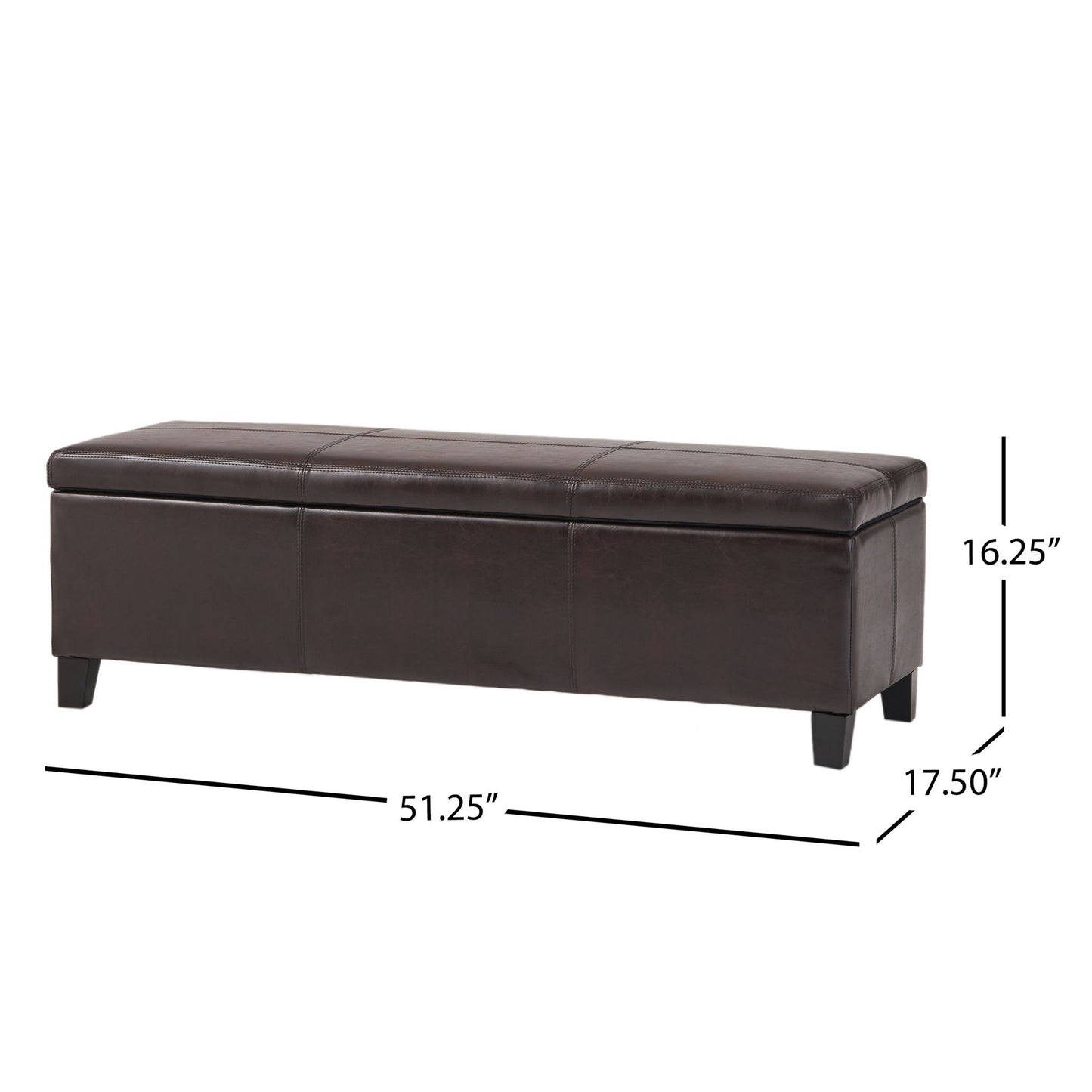 The Glouster - Contemporary Storage Ottoman is a dark brown rectangular bench with short legs, measuring 51.25"L x 17.5"D x 16.25"H, displayed against a white background.