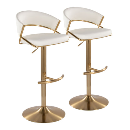Set of 2 Jie Contemporary Adjustable Barstools feature white cushioned seats and backs, gold metal frames with pedestal bases, sleek swivel design, and rounded T footrests for a modern touch.