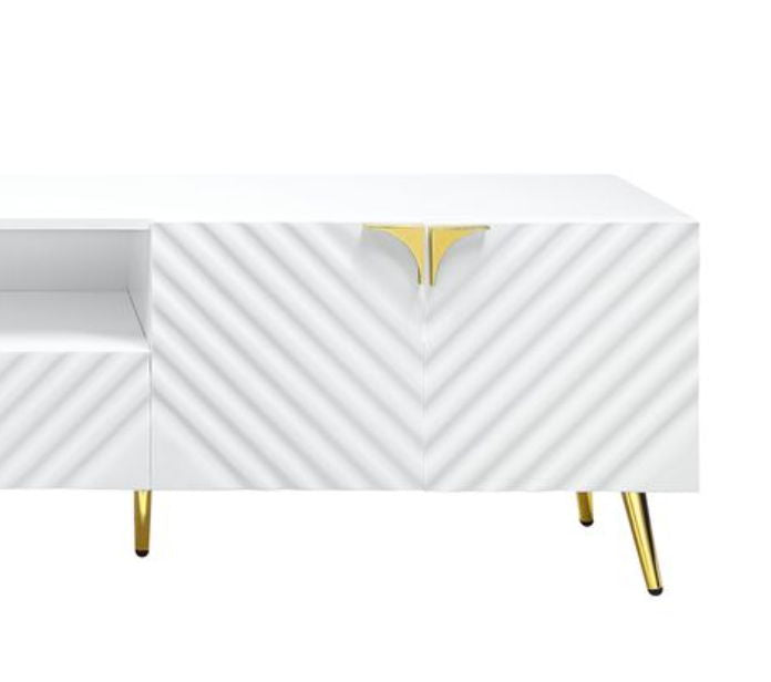 The Gaines High Gloss TV Stand in white features textured diagonal patterns on the doors, gold handles, and gold angled legs, shown against a plain white background.
