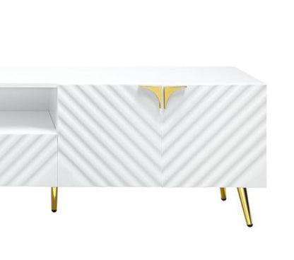 The Gaines High Gloss TV Stand in white features textured diagonal patterns on the doors, gold handles, and gold angled legs, shown against a plain white background.