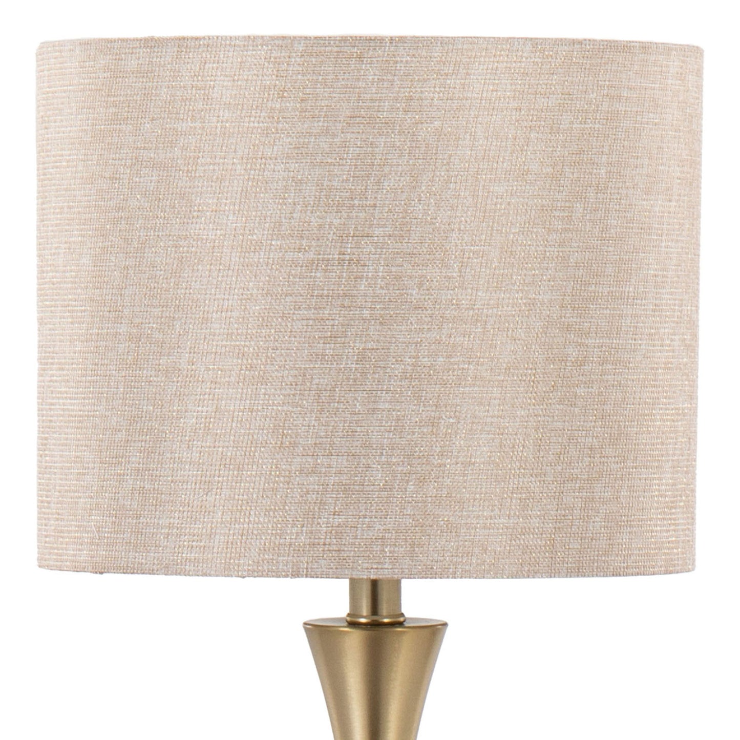 A close-up of the Lenuxe Contemporary & Modern Design Table Lamp (Set of 2) featuring a beige fabric lampshade and brass base, photographed against a white background.