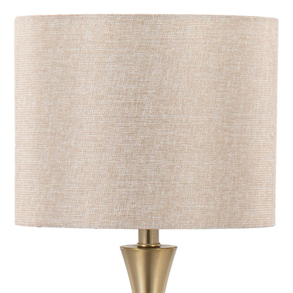 A close-up of the Lenuxe Contemporary & Modern Design Table Lamp (Set of 2) featuring a beige fabric lampshade and brass base, photographed against a white background.