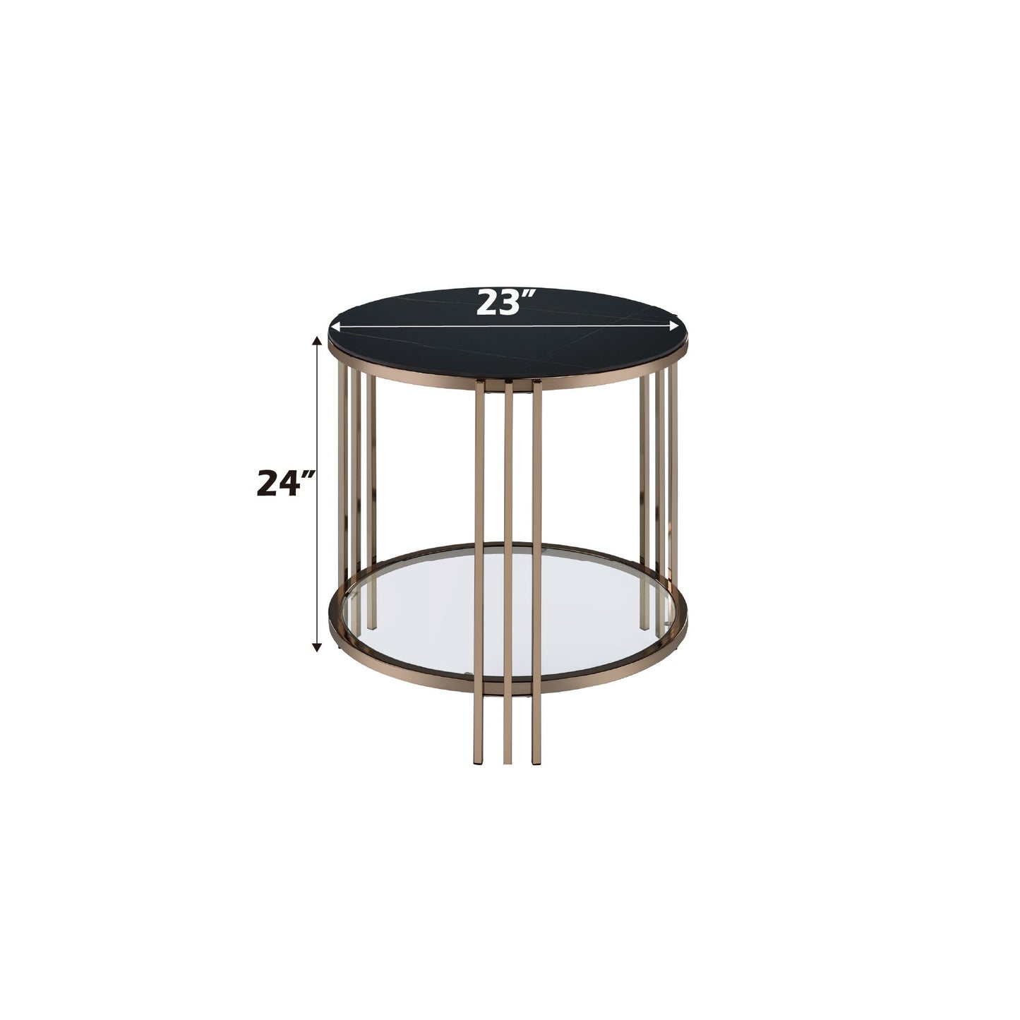 The Abisha Sintered Stone Top Round Table features a black sintered stone top, gold metal frame, and lower glass shelf. Dimensions: 23" diameter x 24" high.