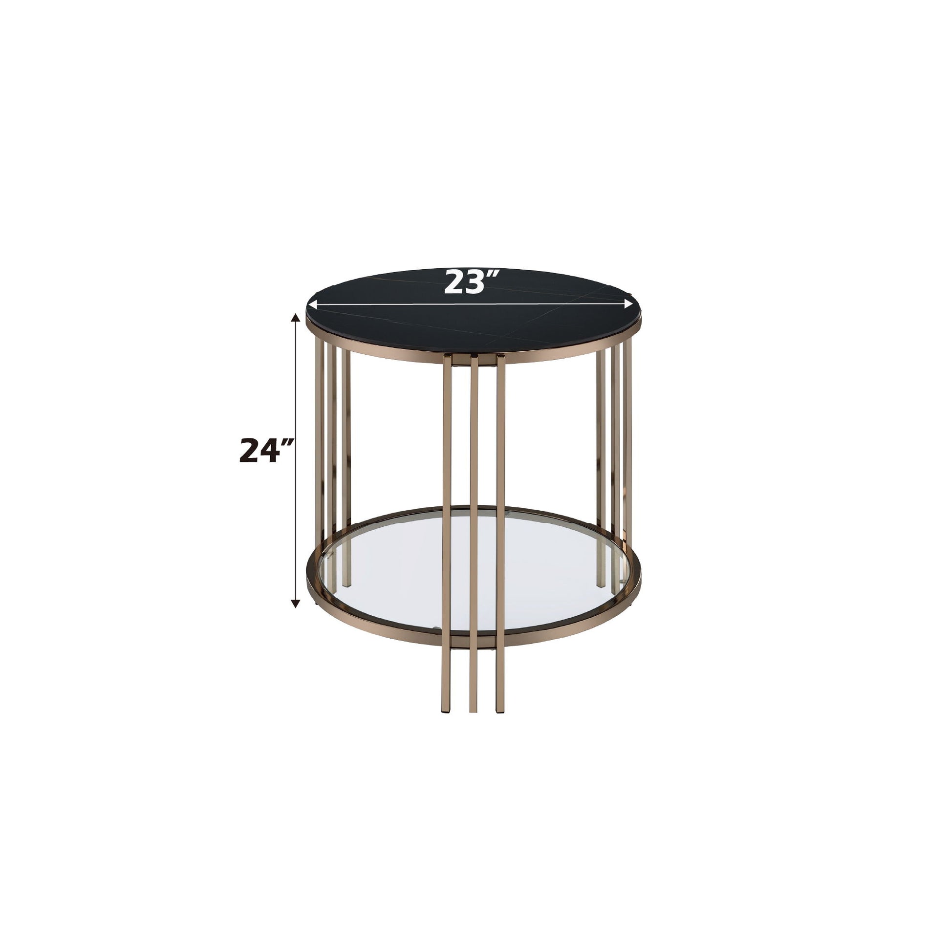 The Abisha Sintered Stone Top Round Table features a black sintered stone top, gold metal frame, and lower glass shelf. Dimensions: 23" diameter x 24" high.