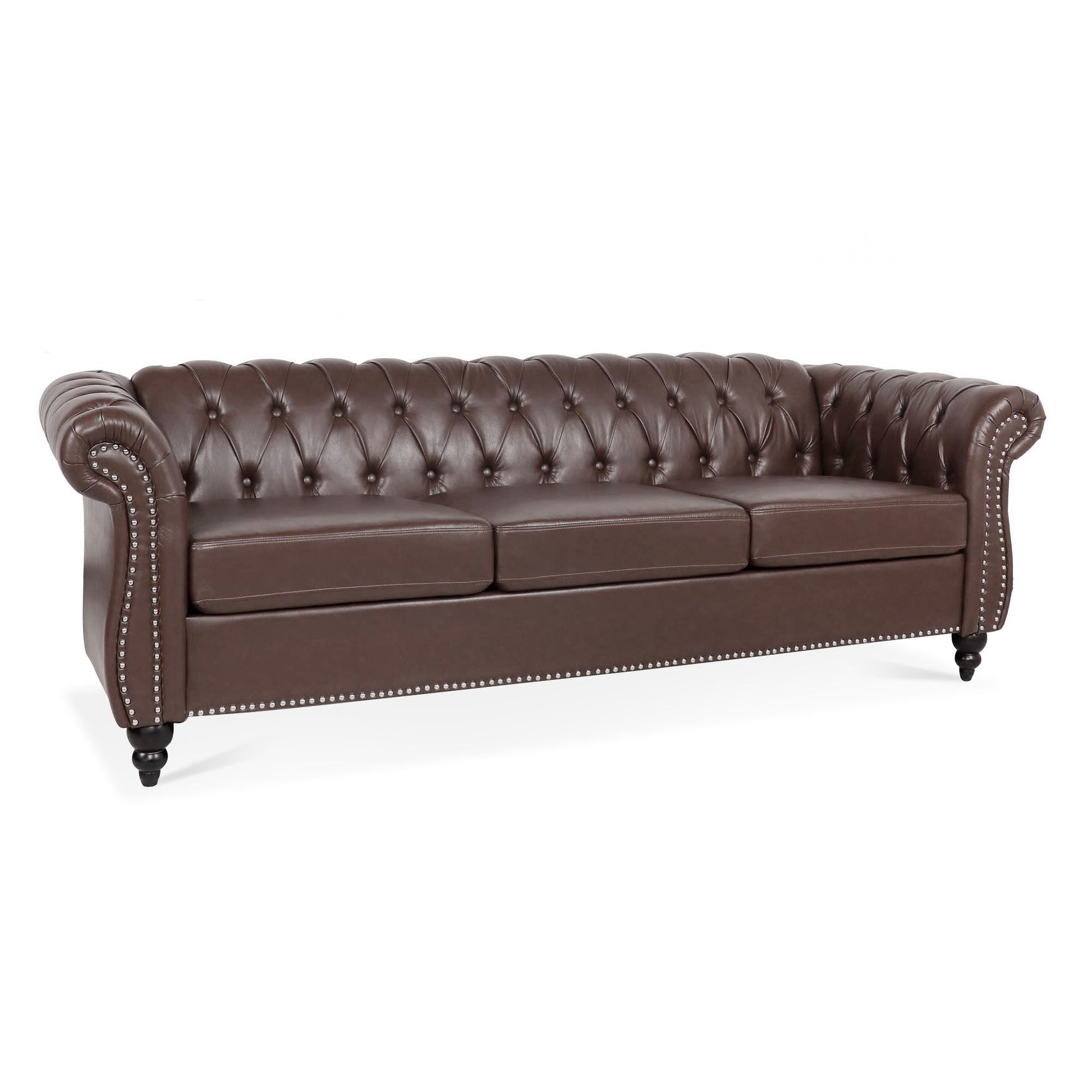 The Rolled Arm Chesterfield 3 Seater Sofa features brown leather upholstery, a tufted backrest, rolled arms, three seat cushions, nailhead trim accents, and black wooden legs.
