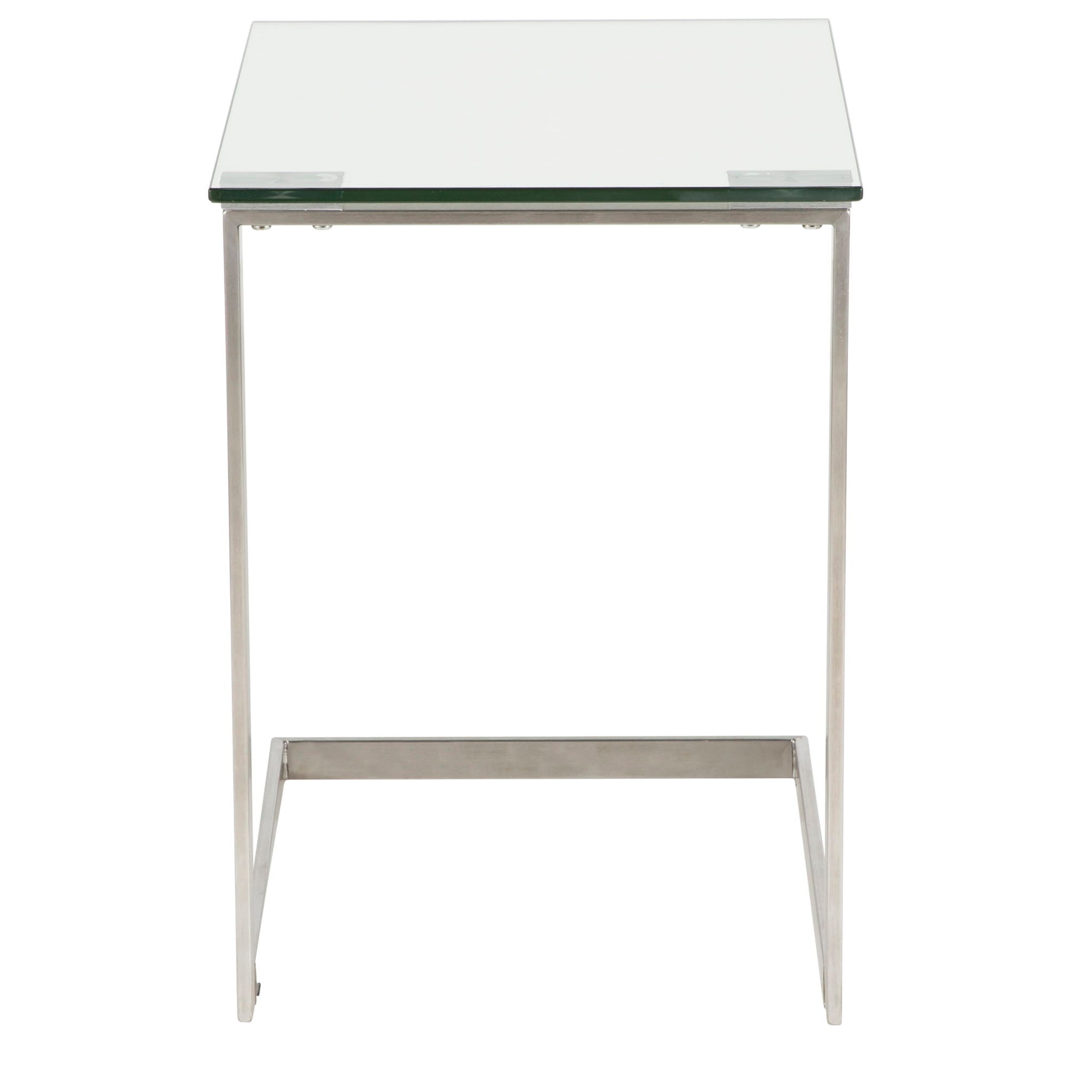 The Zenn - Contemporary End Table features a minimalist C-shaped silver metal frame and a rectangular glass top, shown from the front.