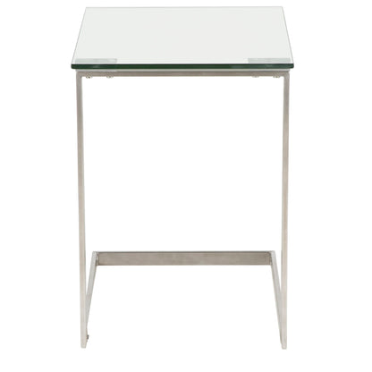 The Zenn - Contemporary End Table features a minimalist C-shaped silver metal frame and a rectangular glass top, shown from the front.