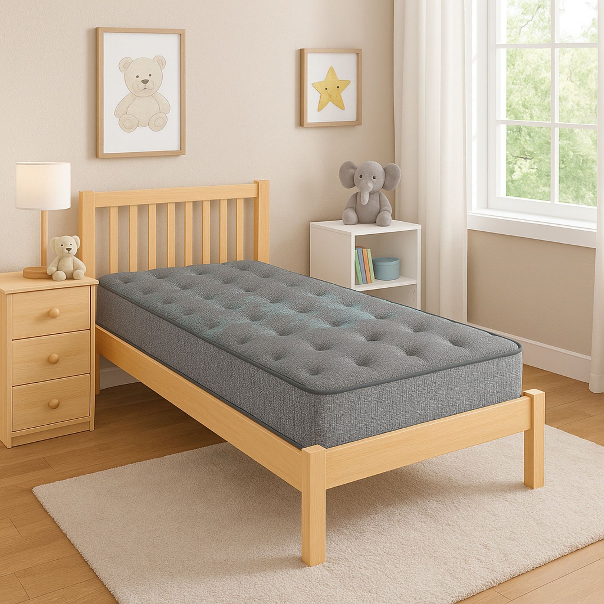 A child's bedroom features a neatly made twin bed with the Comfort Care 9" 2 Sided Foam Core Mattress (medium comfort), light wood furniture, a nightstand and lamp, stuffed toys, framed animal art, and sunlight streaming in.