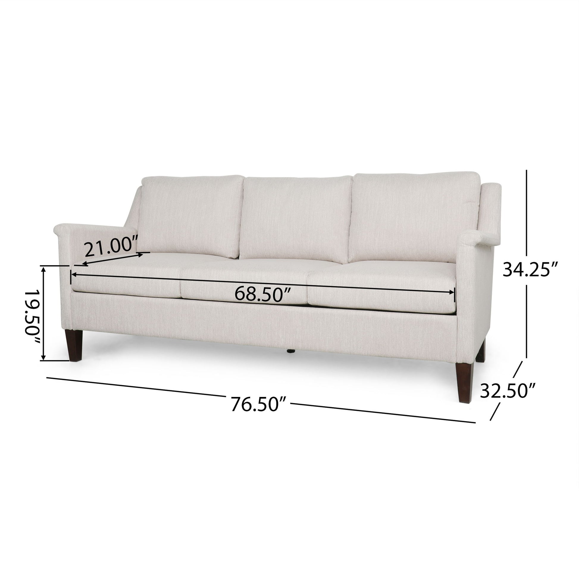 The 3 Seater Contemporary Design Sofa is cream-colored with three cushions. Dimensions: 76.5" W x 32.5" D x 34.25" H; seat depth 21", seat width 68.5", and seat height 19.5".