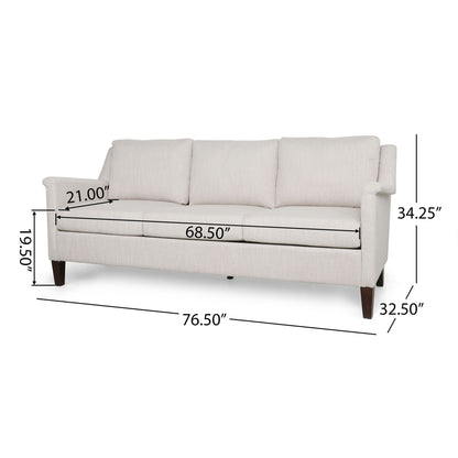 The 3 Seater Contemporary Design Sofa is cream-colored with three cushions. Dimensions: 76.5" W x 32.5" D x 34.25" H; seat depth 21", seat width 68.5", and seat height 19.5".
