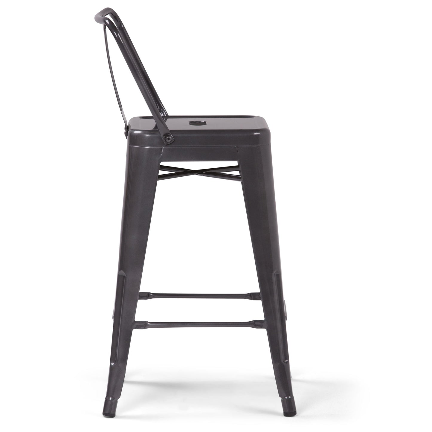 The Rayne - Curved Back Metal Stool (Set of 2) features tall, dark gray metal construction with a square seat, slim legs, low backrest, and bottom support bar, shown from the side against a white background.